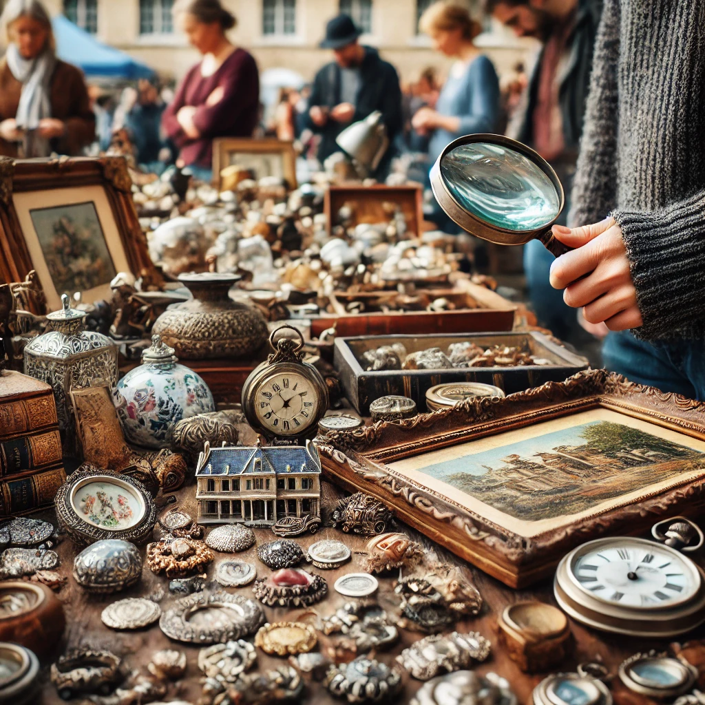 Scène animée de brocante avec des objets anciens, incluant bijoux vintage, livres rares, cadres anciens et porcelaines, explorés par des visiteurs.