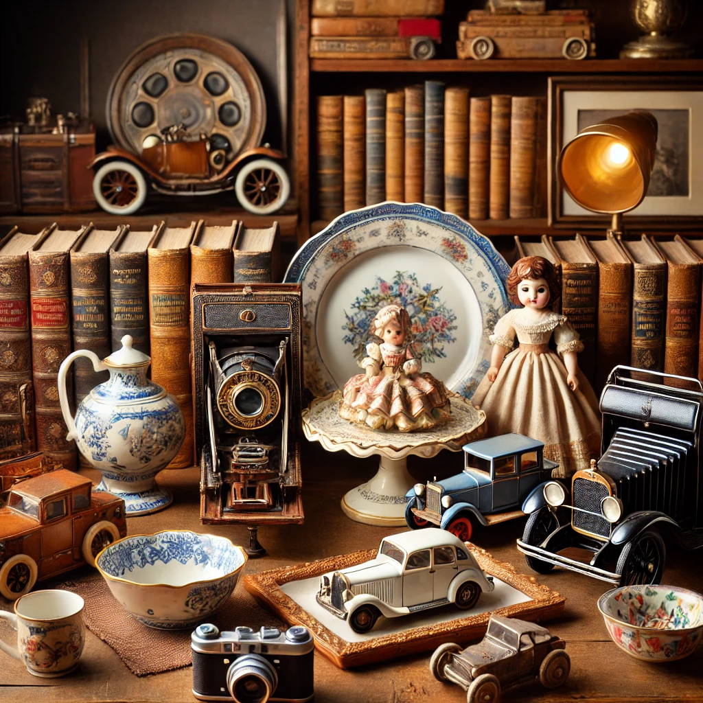 Une collection d'objets vintage exposée sur une table en bois, comprenant de la porcelaine ancienne, des jouets miniatures en métal, un appareil photo en bois et des livres anciens.