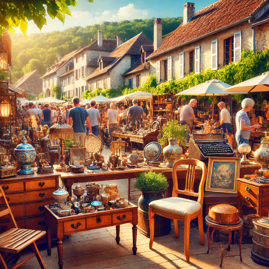 Un marché aux puces animé avec des stands d'antiquités, des meubles vintage, et des objets rares exposés, entouré de visiteurs curieux et d'un décor de village ensoleillé.