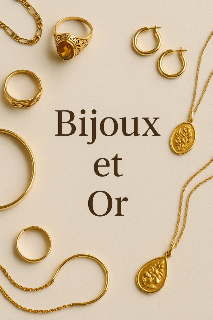 Stand de bijoux en brocante avec des colliers, bagues et bracelets en or vintage.