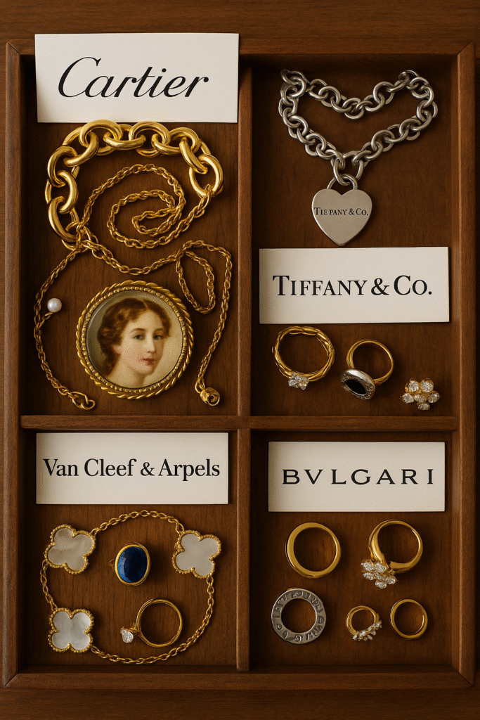 "Vue rapprochée de bijoux anciens exposés sur un marché aux puces, incluant des bagues, colliers et bracelets de marques prestigieuses."