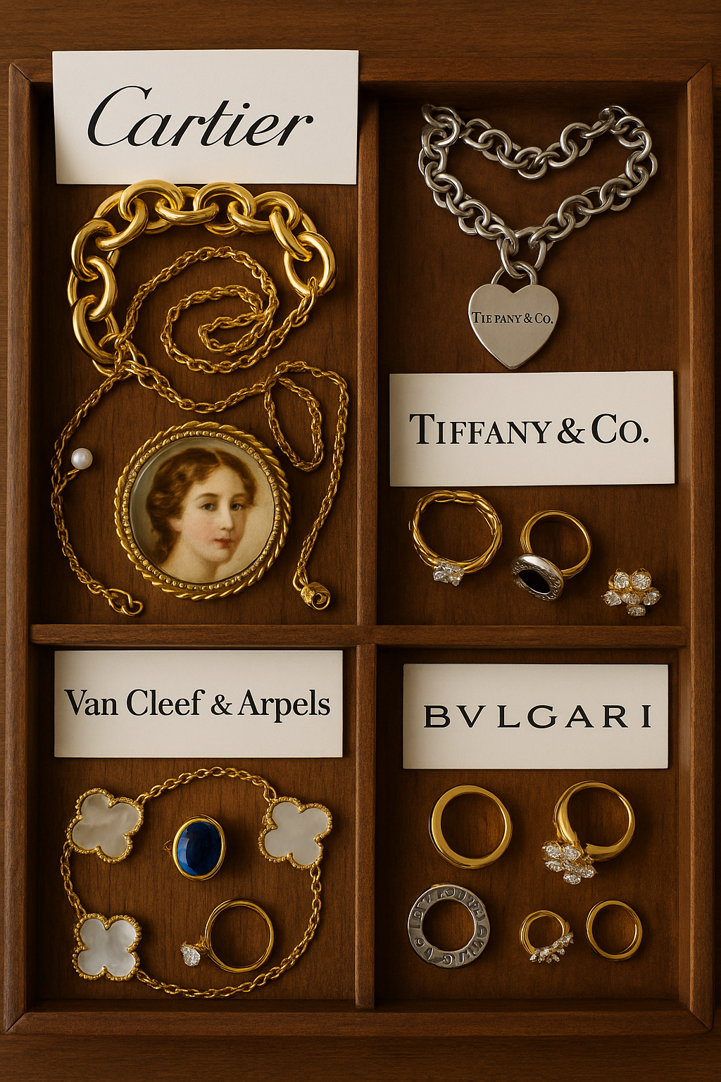 "Vue rapprochée de bijoux anciens exposés sur un marché aux puces, incluant des bagues, colliers et bracelets de marques prestigieuses."
