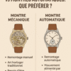 Comparaison visuelle entre une montre mécanique traditionnelle et une montre automatique moderne posées côte à côte sur un fond en cuir.