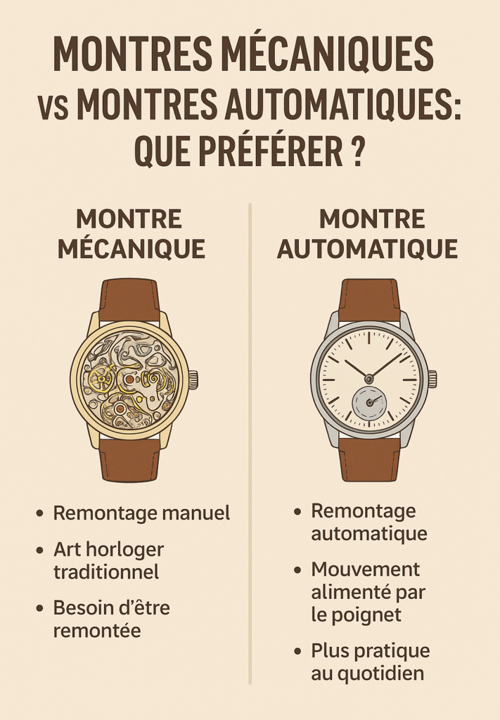 Comparaison visuelle entre une montre mécanique traditionnelle et une montre automatique moderne posées côte à côte sur un fond en cuir.
