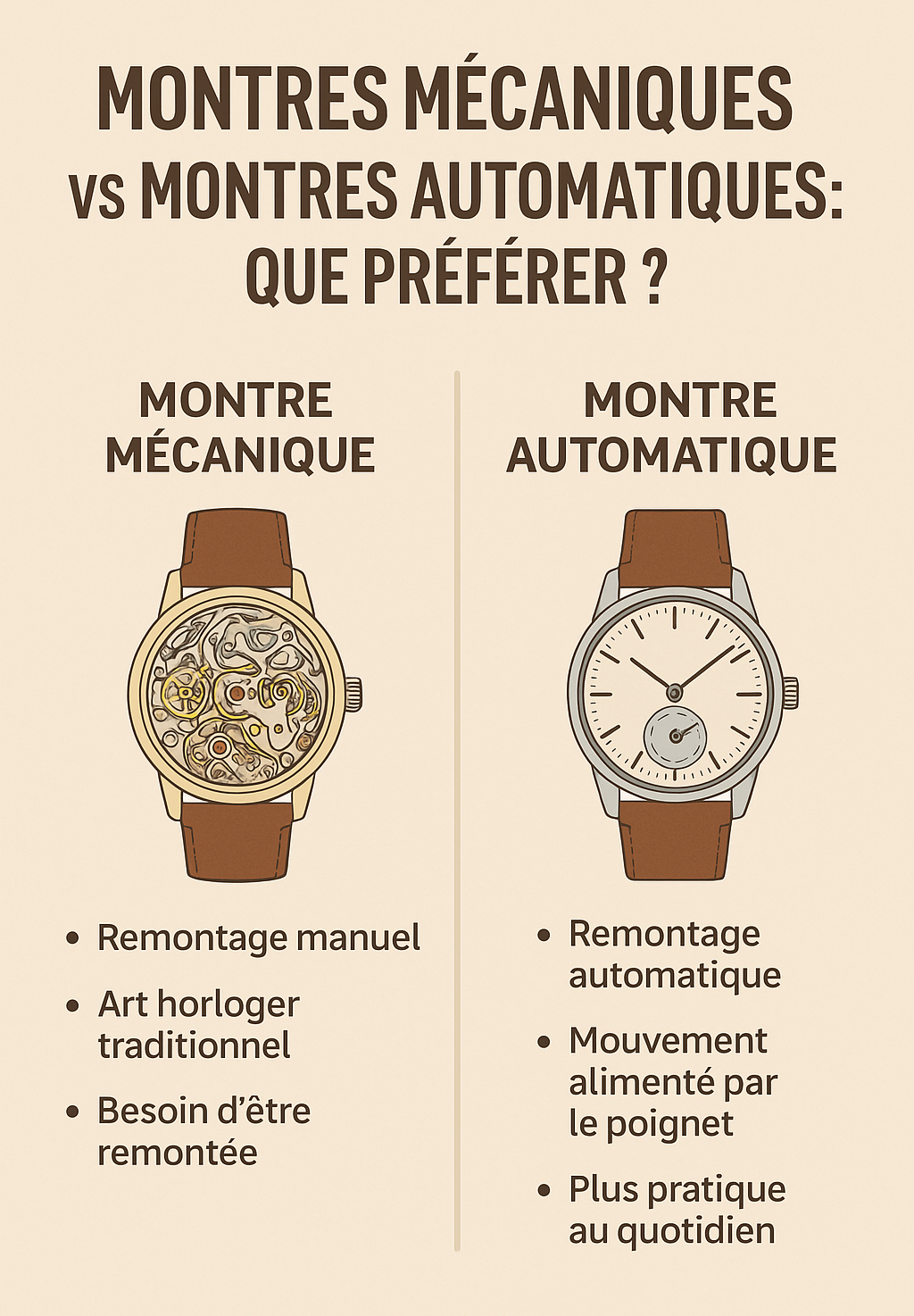 Comparaison visuelle entre une montre mécanique traditionnelle et une montre automatique moderne posées côte à côte sur un fond en cuir.