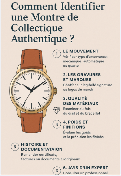 Infographie en français expliquant comment reconnaître une montre de collection authentique, avec des illustrations de montres vintage et des critères de vérification.