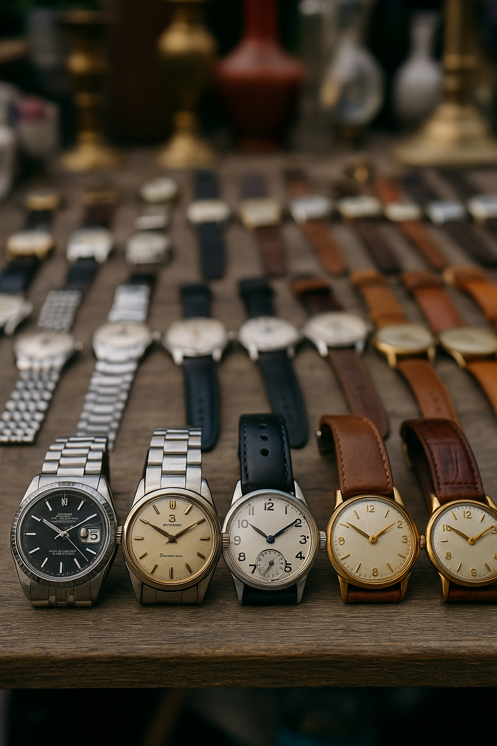 Collection de montres vintage exposées sur un fond en bois élégant, mettant en valeur des pièces de luxe anciennes.