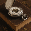 Montre de gousset ancienne en argent posée sur un vieux livre avec engrenages visibles