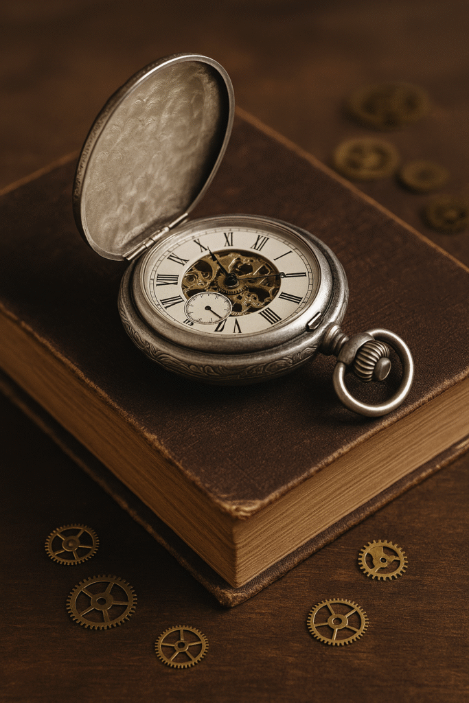 Montre de gousset ancienne en argent posée sur un vieux livre avec engrenages visibles