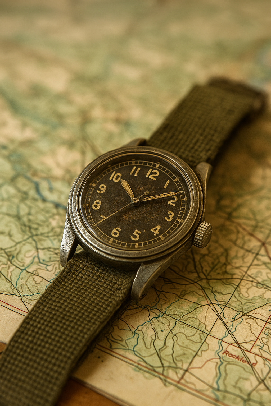 Montre militaire vintage à cadran noir avec bracelet en cuir, posée sur une carte ancienne à côté d’une boussole.