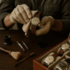 Un horloger ou collectionneur examinant et nettoyant une montre de collection avec soin à l’aide d’un outil de précision.
