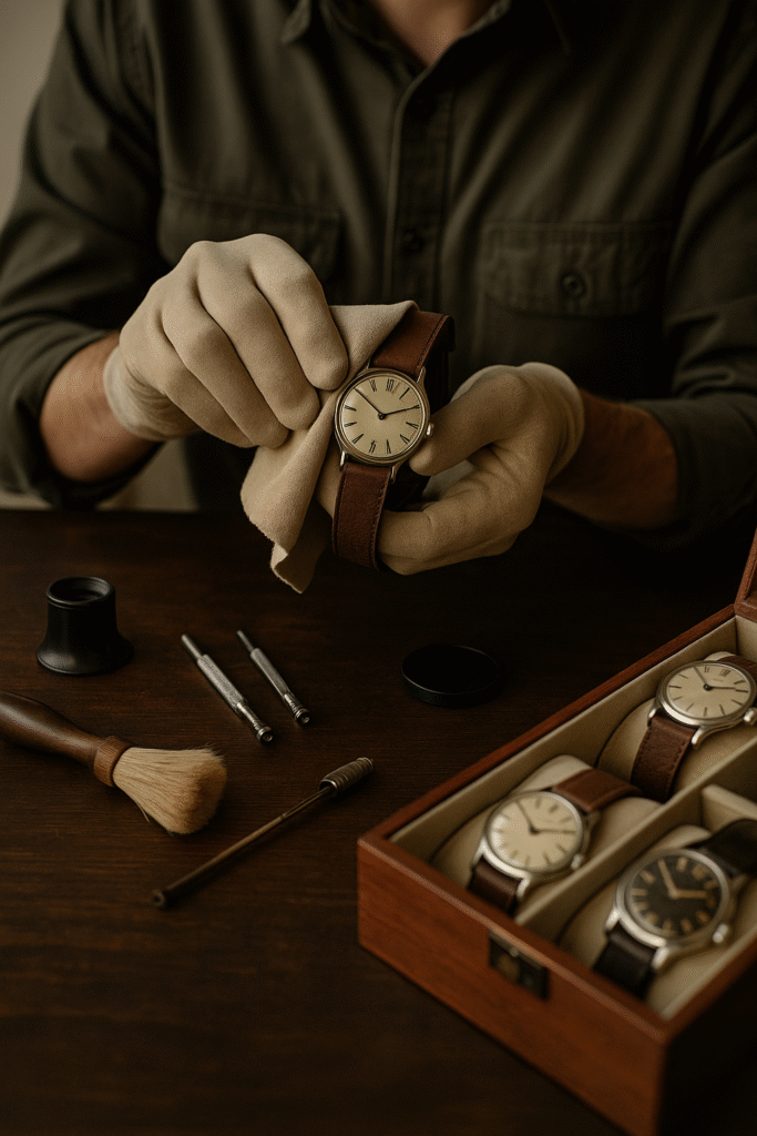 Un horloger ou collectionneur examinant et nettoyant une montre de collection avec soin à l’aide d’un outil de précision.